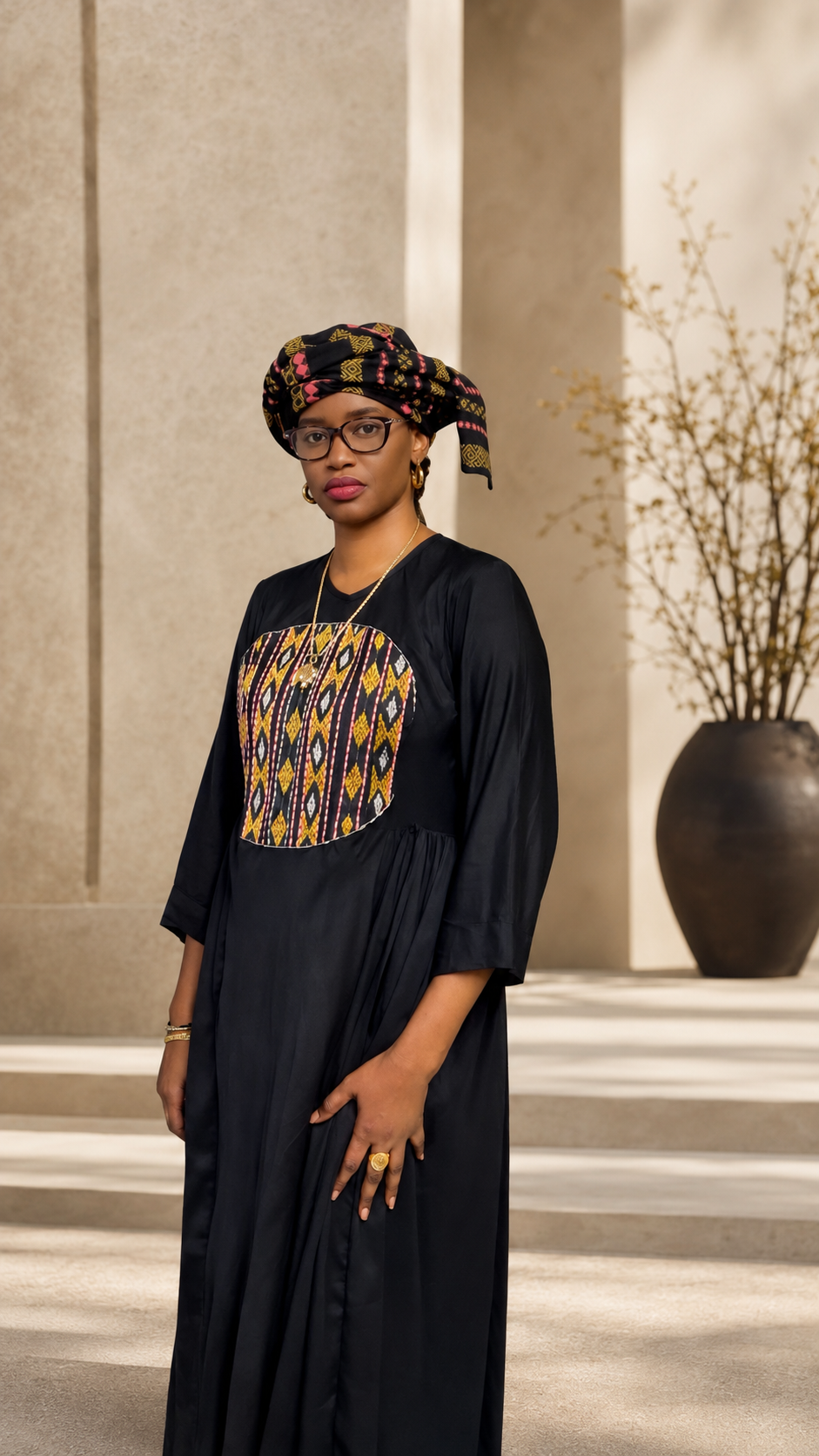 Boubou noir plastron tissé